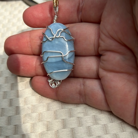 Artisan Jewelry - Peruvian Blue Opal wire wrapped pendant. Handmade
